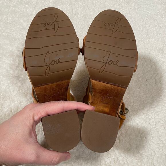 Joie Platform Sandal Heels Tan-Orange Patent Leather Wood Rivets Strappy 37 6.5 - Picture 8 of 10